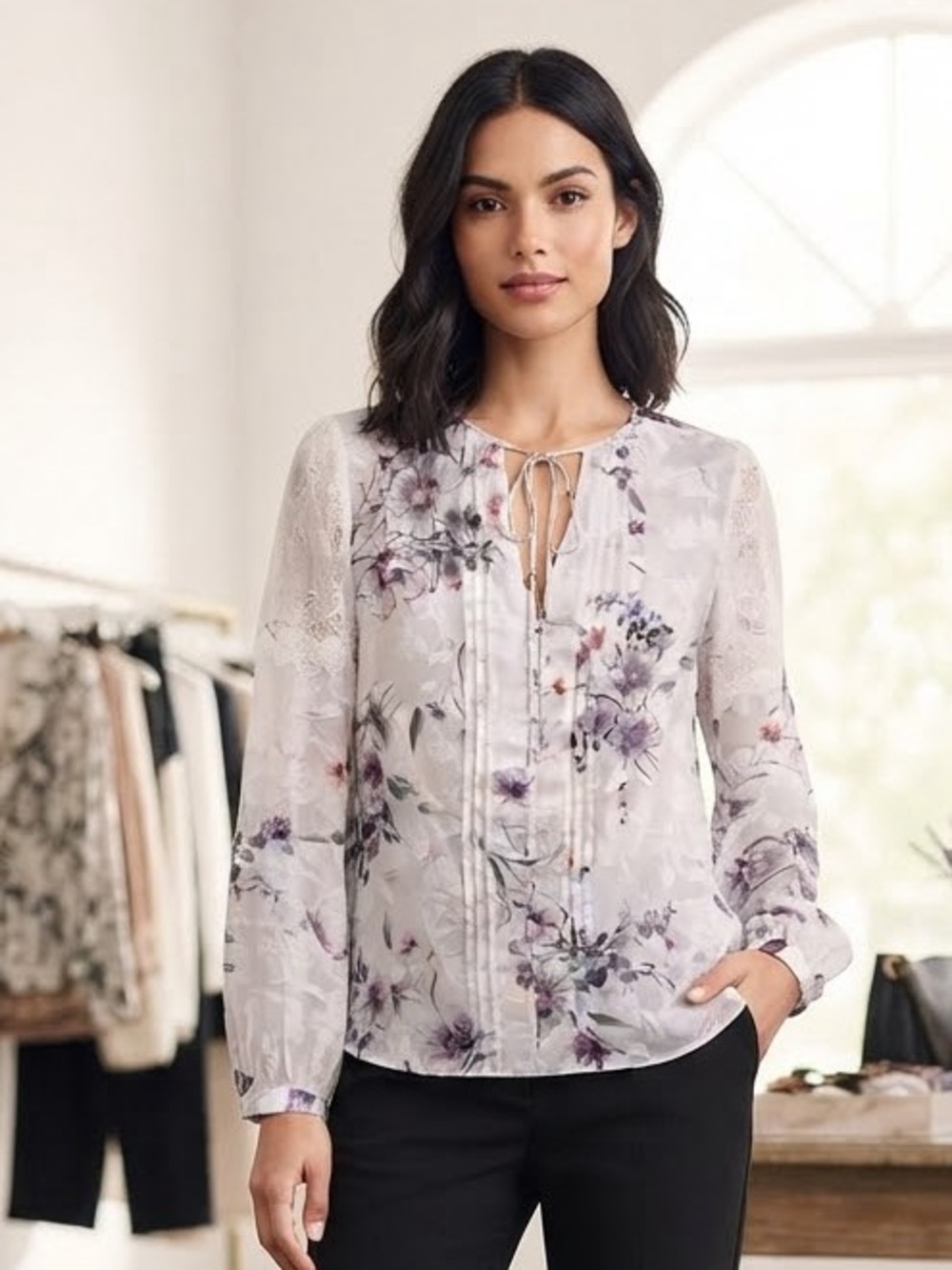 White House Black Market Floral Tie-Front Blouse in Light Lavender